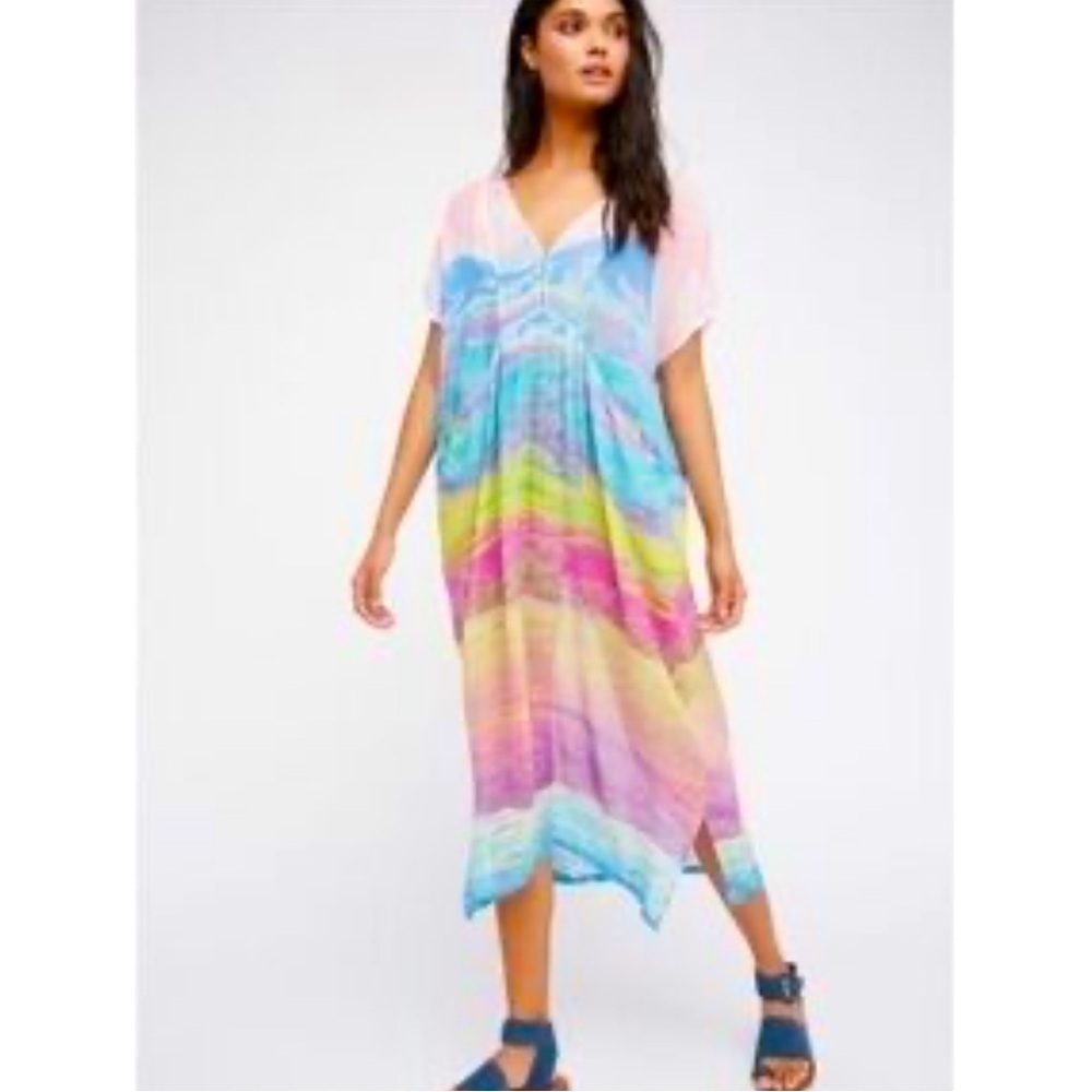 Free People Pastel Rainbow Sheer Midi Dress - Pink, Blue, Purple, Yellow, Green
